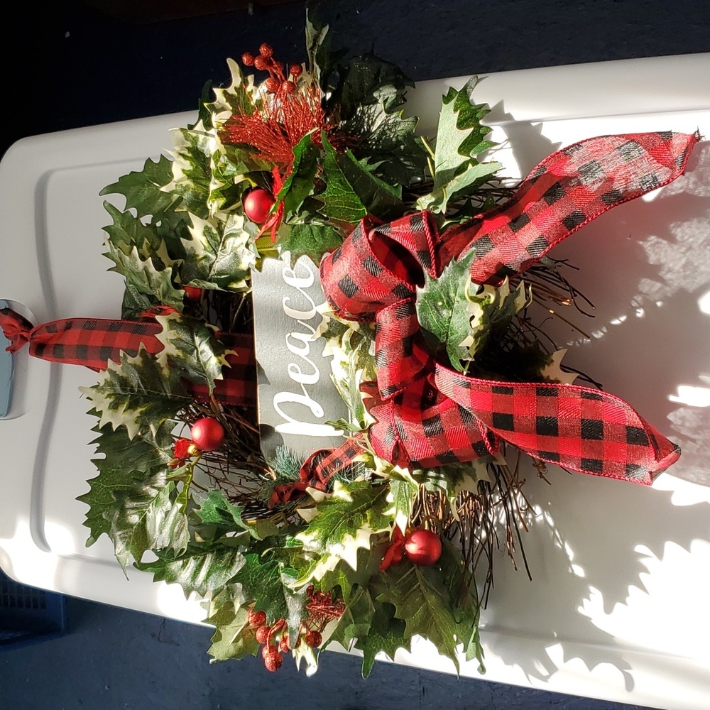 NWOT Handcrafted Christmas Wreath 16" long x 18" wide With Red and Black Ribbon